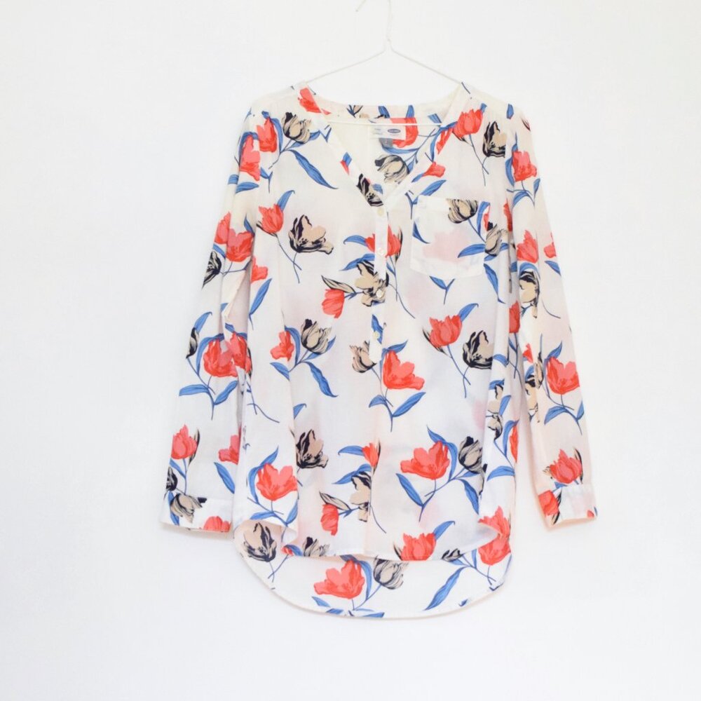 OLD NAVY White Tulip Poppy Floral Cotton Long Sleeve Henley Tunic Top | Size S